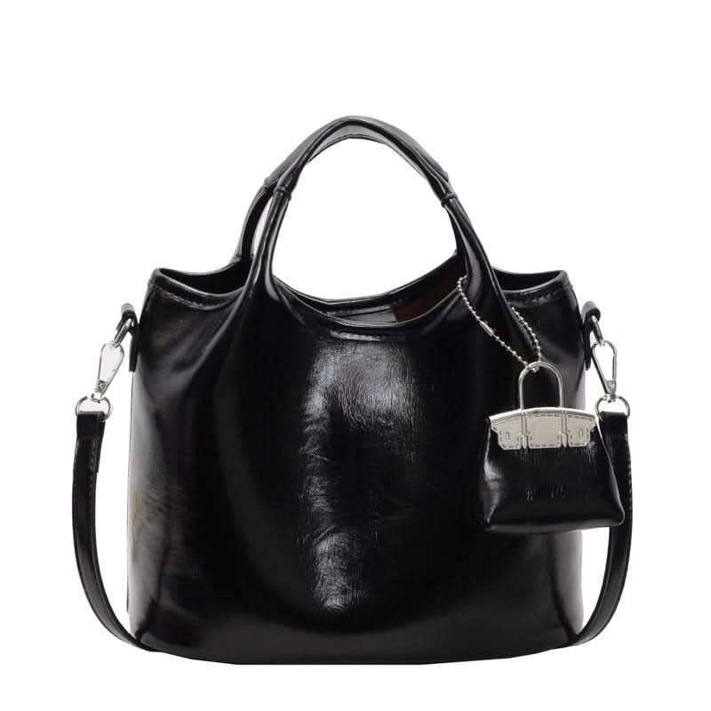 Women's Elegant Leather Bucket Bag – Shoulder Tote with Matching Keychain