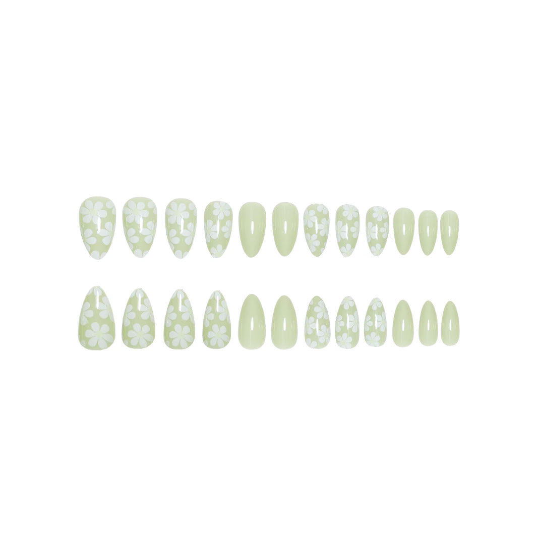 Floral Press-On Nails, Medium Almond Acrylic Glue-On Set – Sage Green Short Nails Set