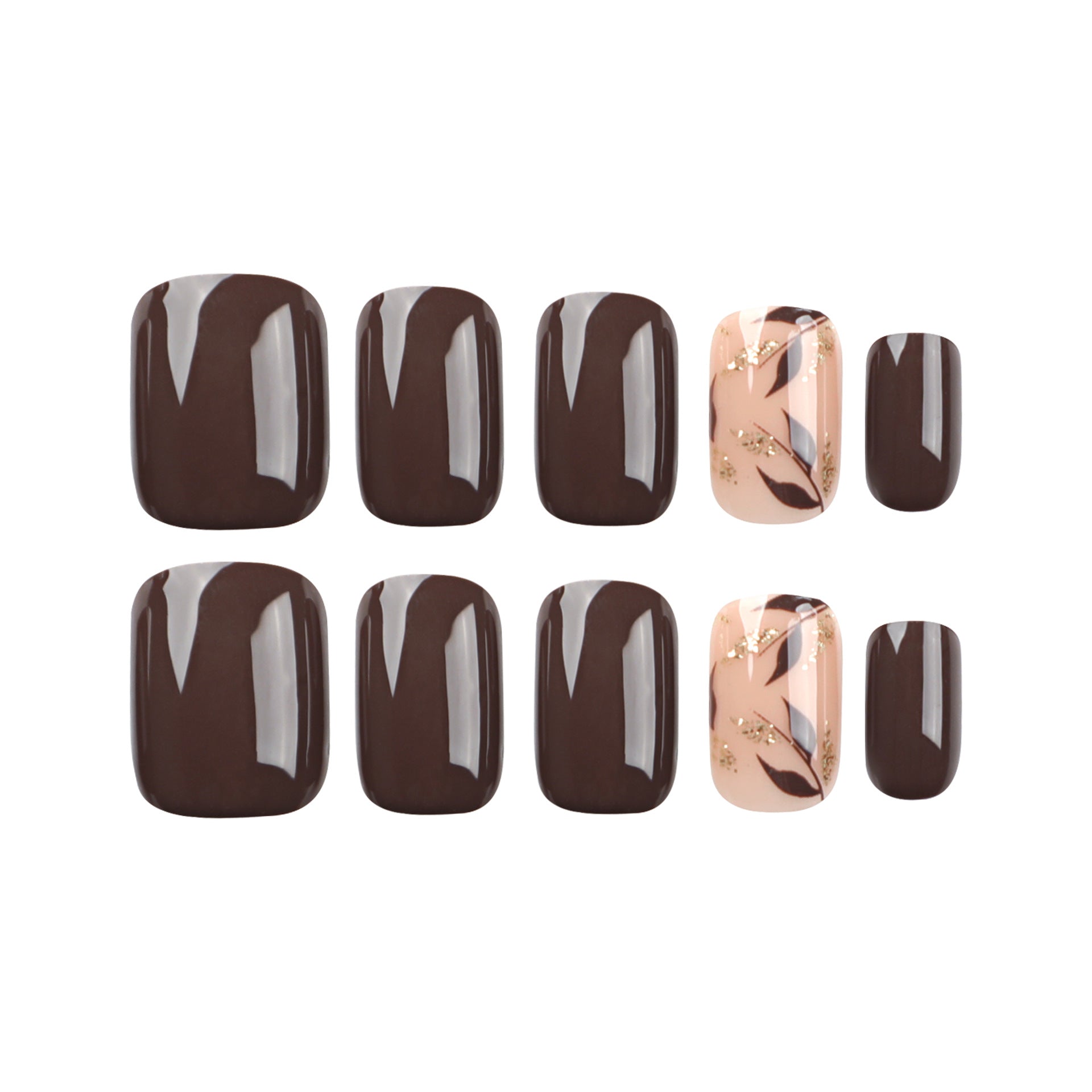Elegant Brown Glue-On Press-On Nails with Gold Leaf Design – Short Square Fake Nails