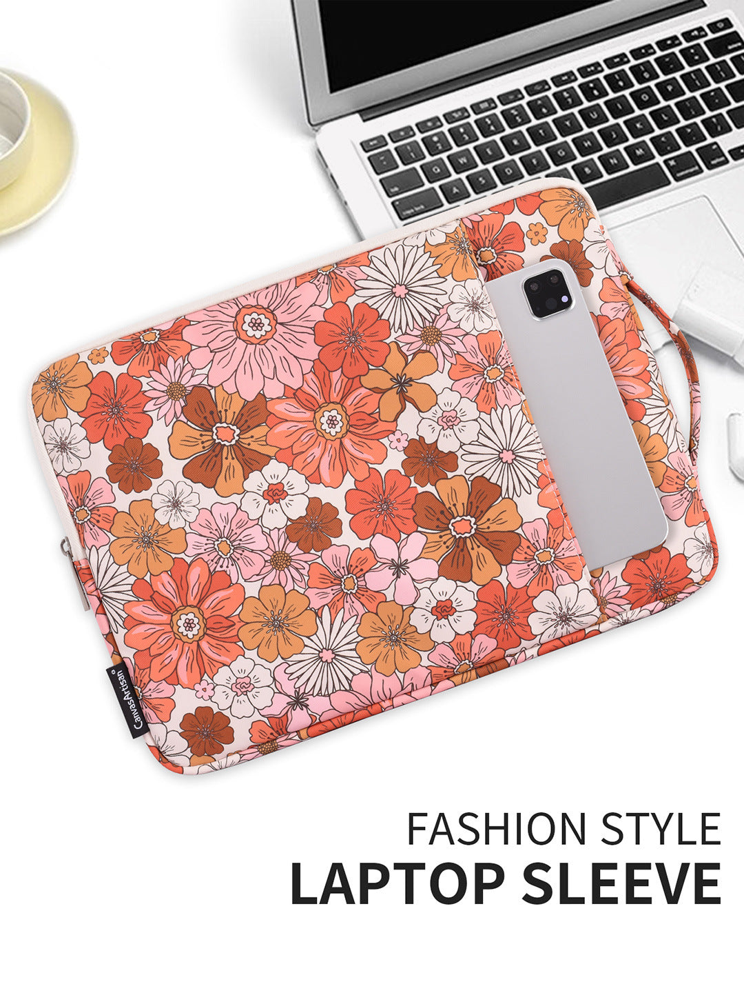 Orange-Pink Retro Bloom Waterproof Laptop Bag – Floral Polyester Sleeve for 11–15"