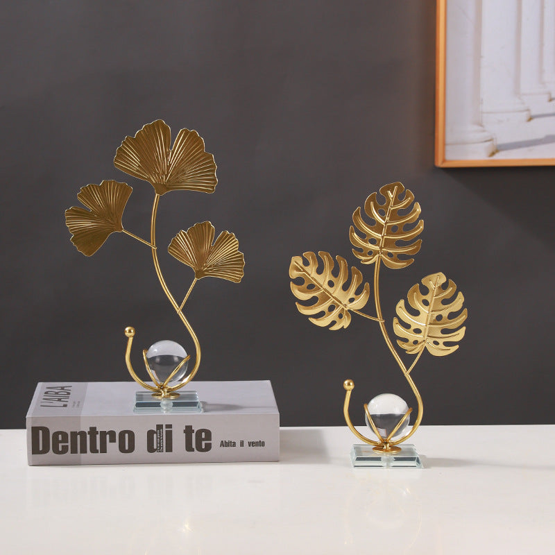 Modern Gold Leaf Crystal Ball Decor – Nordic Ginkgo & Peacock Leaf Ornament for Home