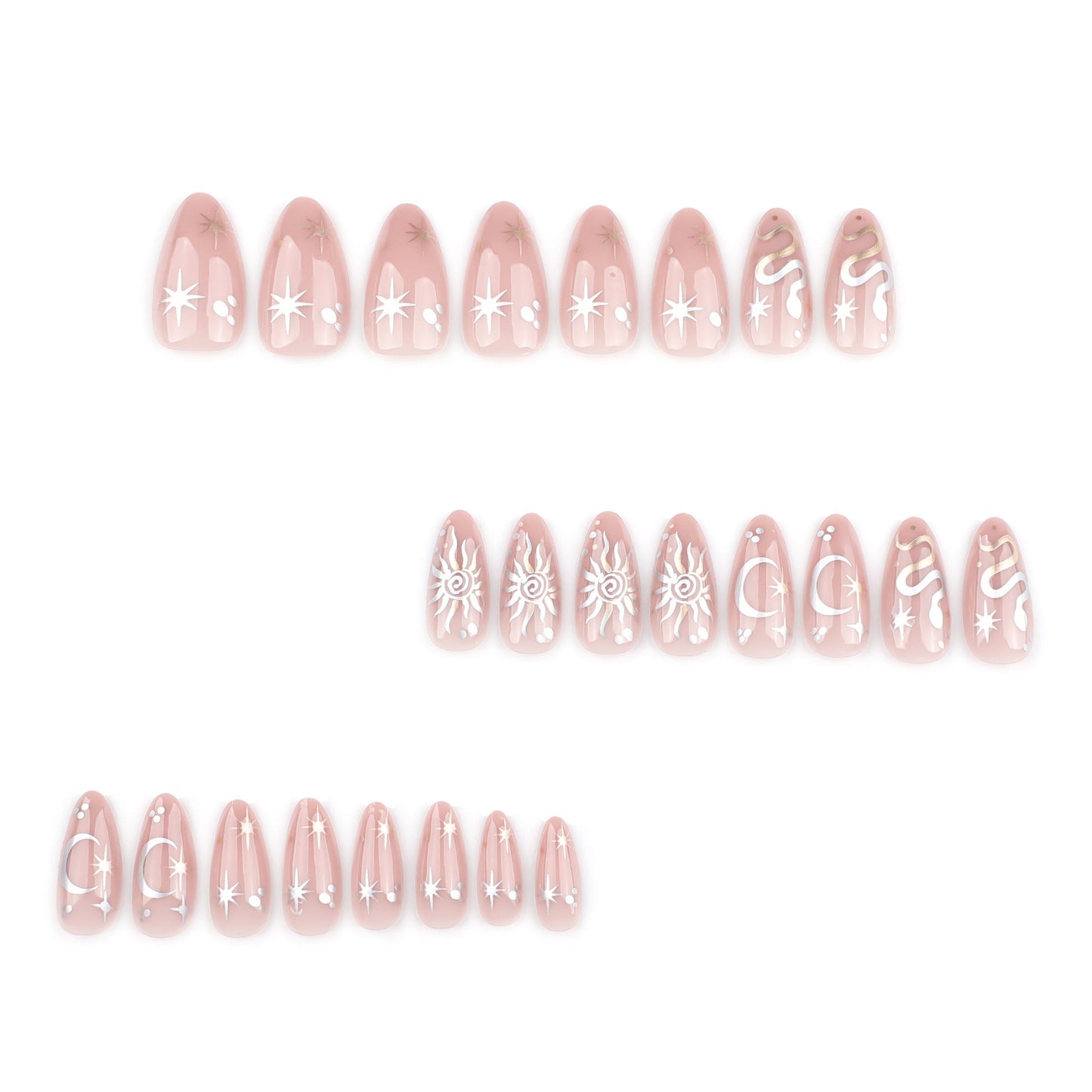 Mystical Almond Press-On Nails – Nude with 3D Metallic Sun, Moon & Star Accents