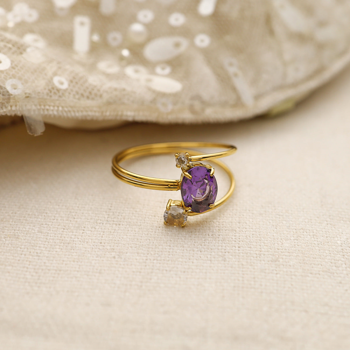 Purple Zircon Titanium Steel Ring – Adjustable Gold-Plated Luxury Women’s Jewelry