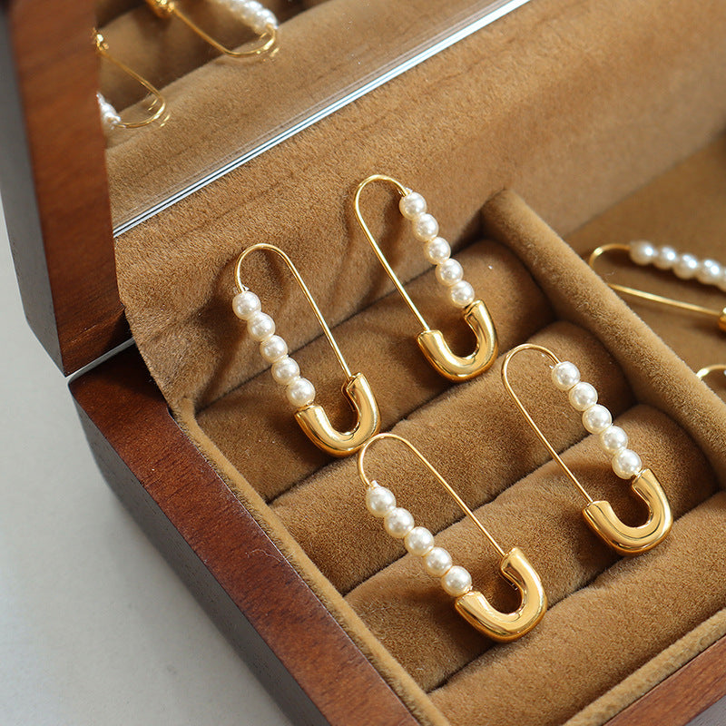 Retro Paper Clip Pearl Earrings for Women – Titanium Steel, Geometric