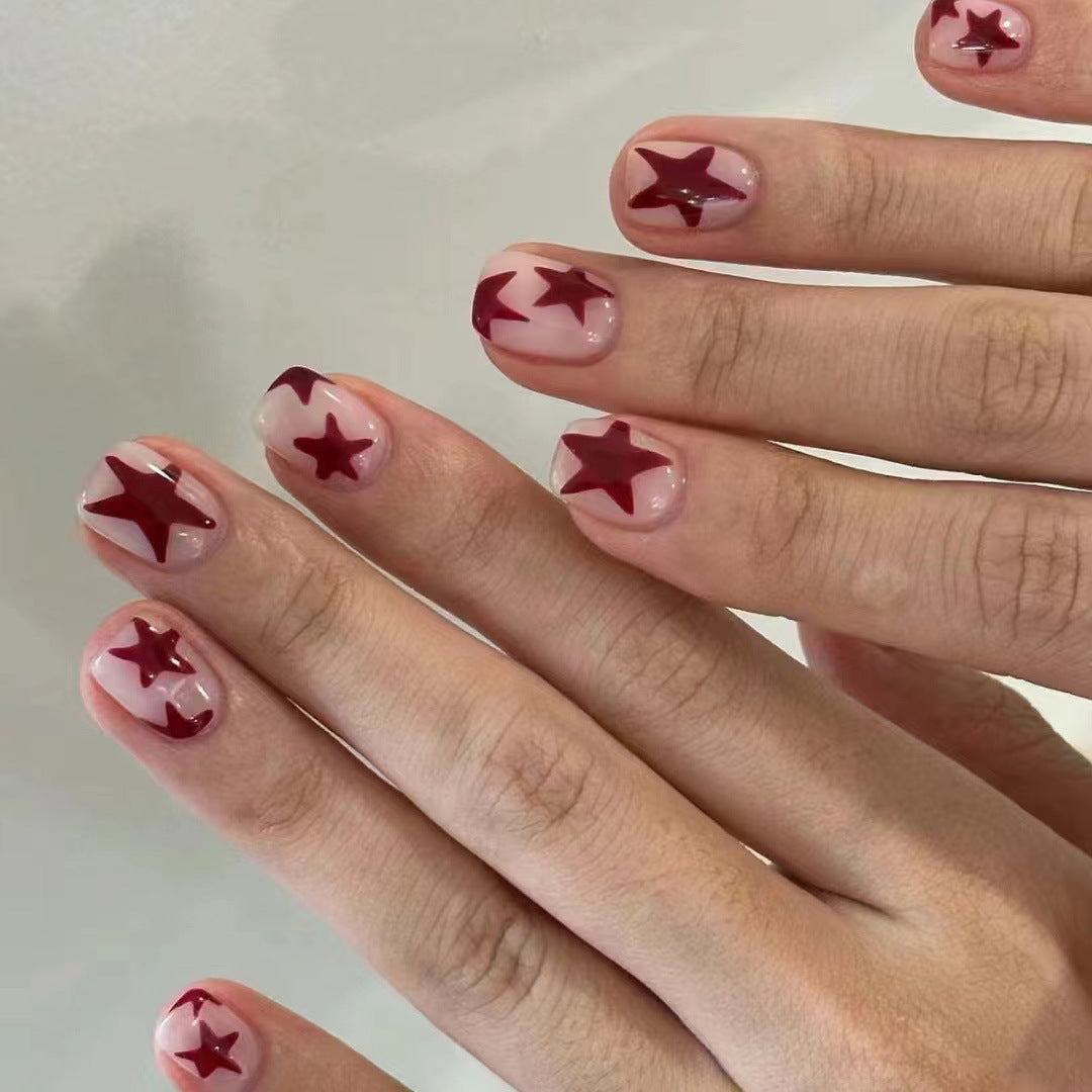 Bold Burgundy Star Press-On Nails, Medium Square Acrylic Glue-On Set