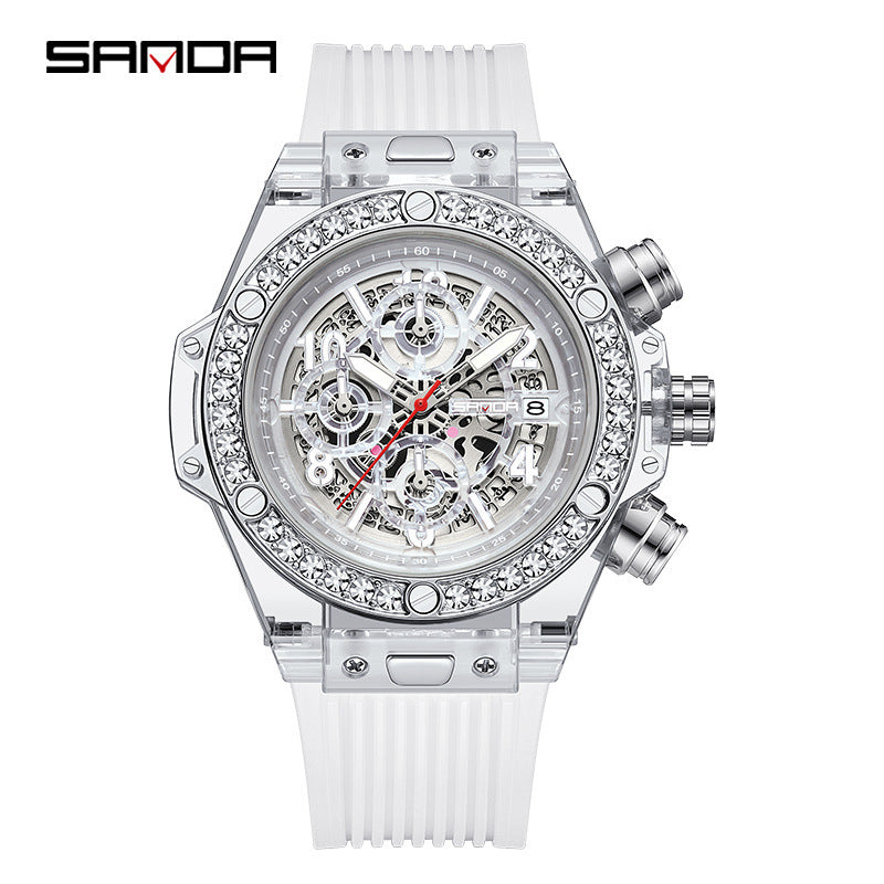Sanda Men’s Quartz Watch – Hollow Dial, Luminous, Calendar, See-Through Window Design