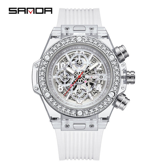 Sanda Men’s Quartz Watch – Hollow Dial, Luminous, Calendar, See-Through Window Design