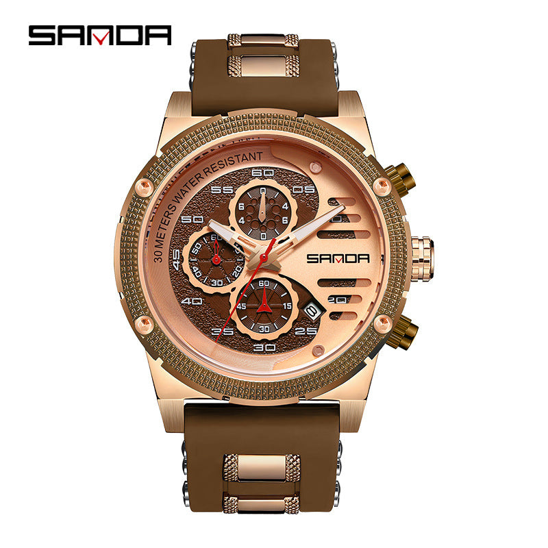 Sanda Men's Quartz Watch – Multi-Function Three-Eye Calendar Silicone Strap Waterproof