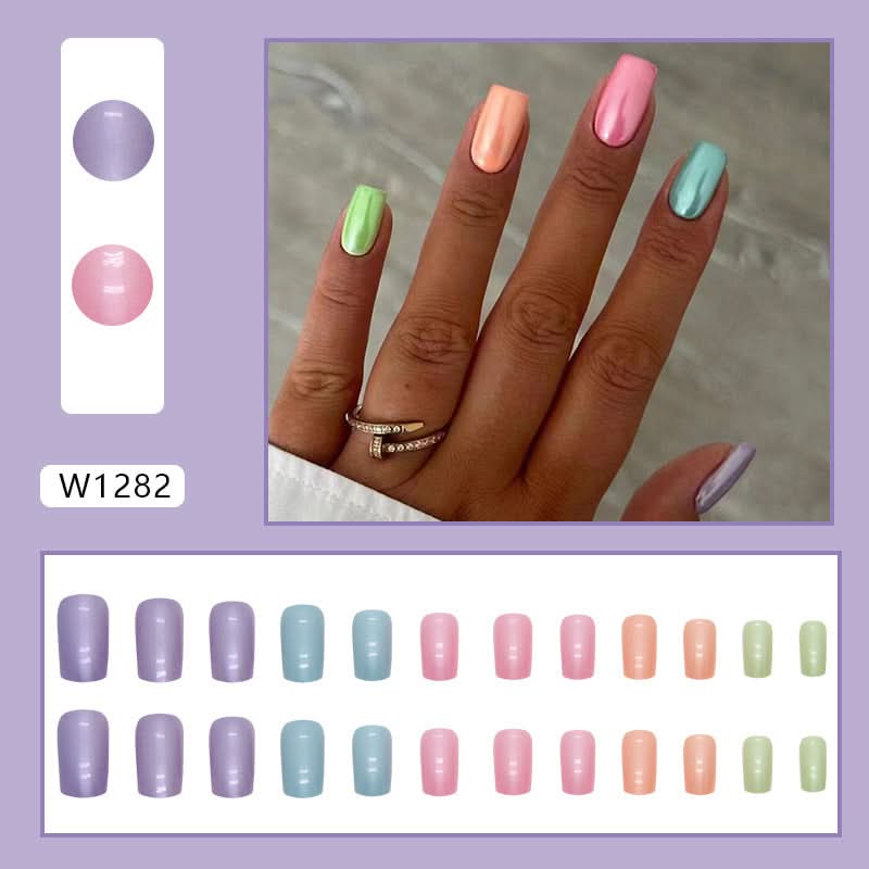 Medium-Length Square Aurora Colorful Summer Nail Art