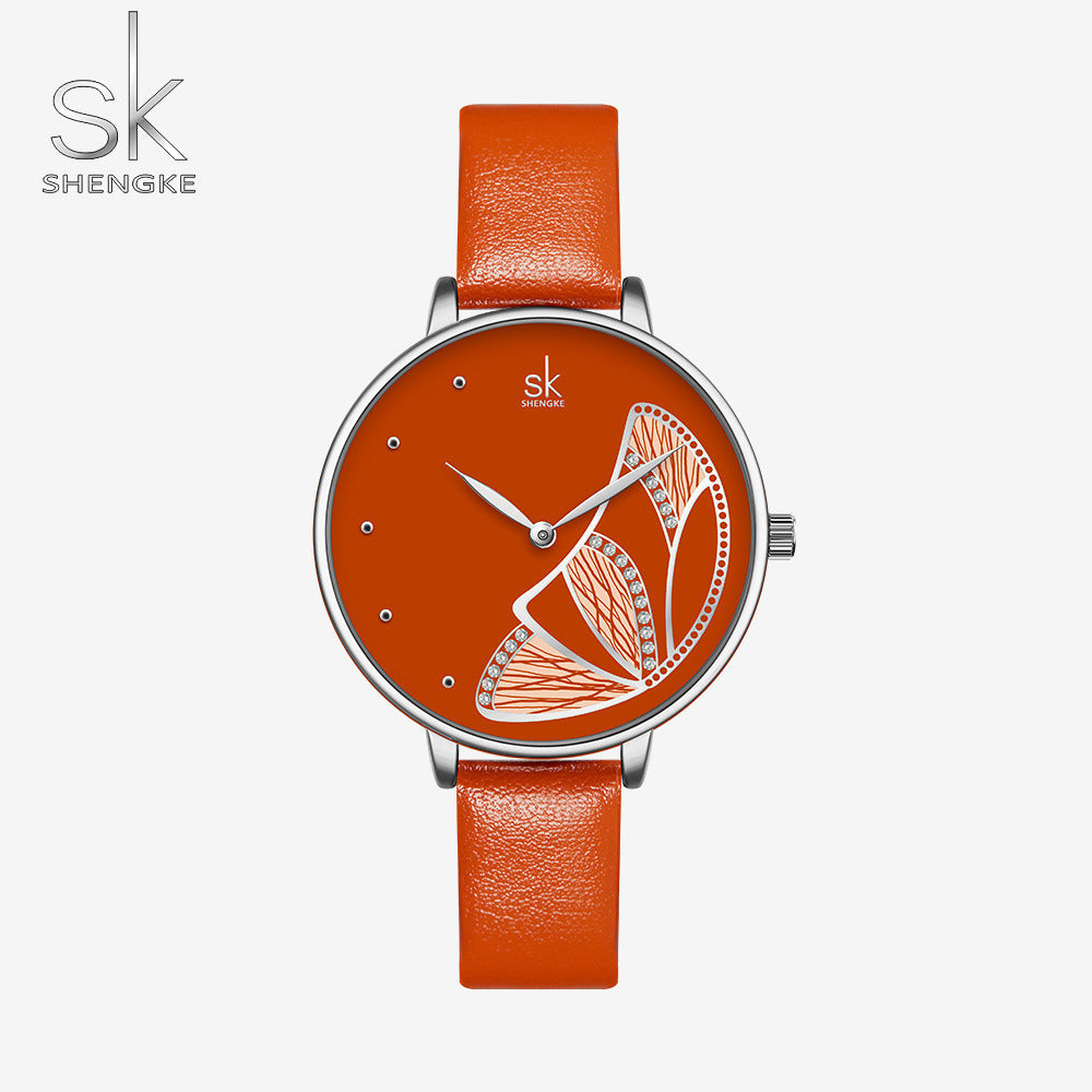 SK Women’s Quartz Watch – Butterfly Dial with Diamond Accents, Leather Strap