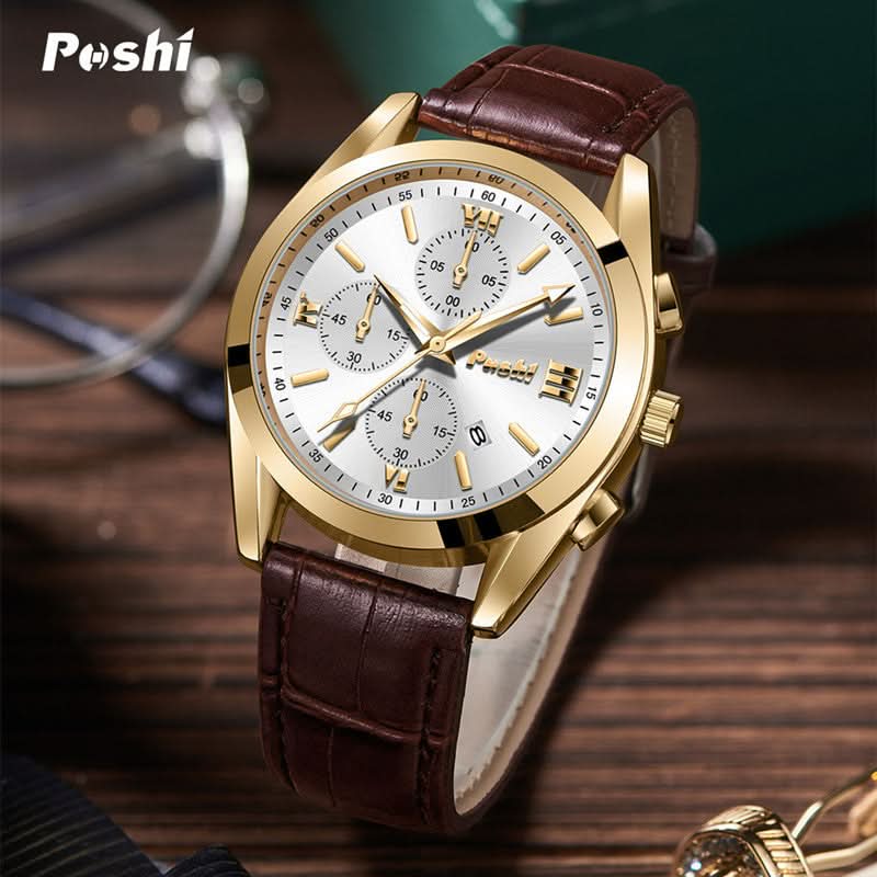 Men’s Luminous Dial Quartz Watch – Leather Strap, Calendar