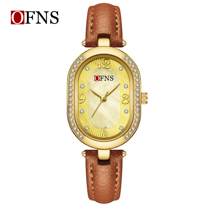 OFNS Diamond Oval Quartz Watch – Waterproof Watch for Women with Leather Strap