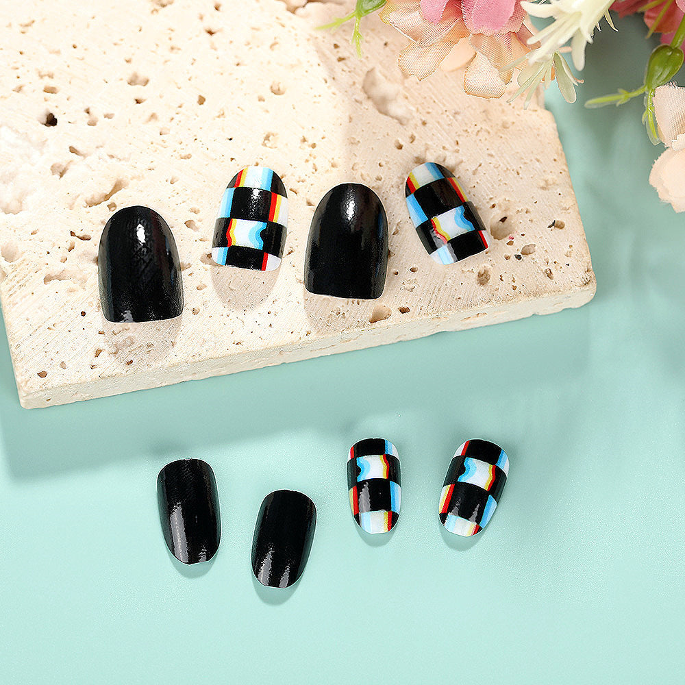 Checkerboard Press-On Nails – Glossy Square Design with Abstract Multicolor Accents