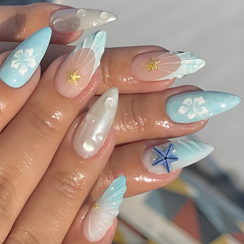 Blue Starfish Almond Press-On Nails – 3D Beachy Gradient Summer Nail Art