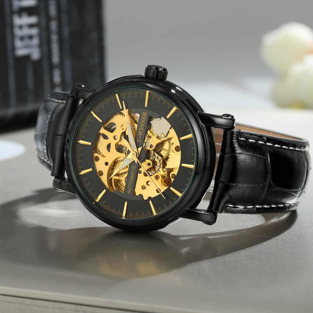 T-WINNER Automatic Mechanical Watch for Men – Hollow Dial Leather Strap Timepiece
