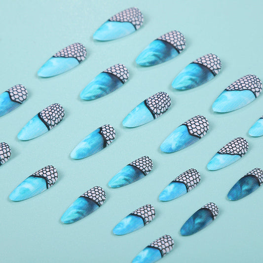 Blue Ocean Almond Press-On Nails – Mesh Design, Teardrop Style, Glossy Finish Nail Art Set
