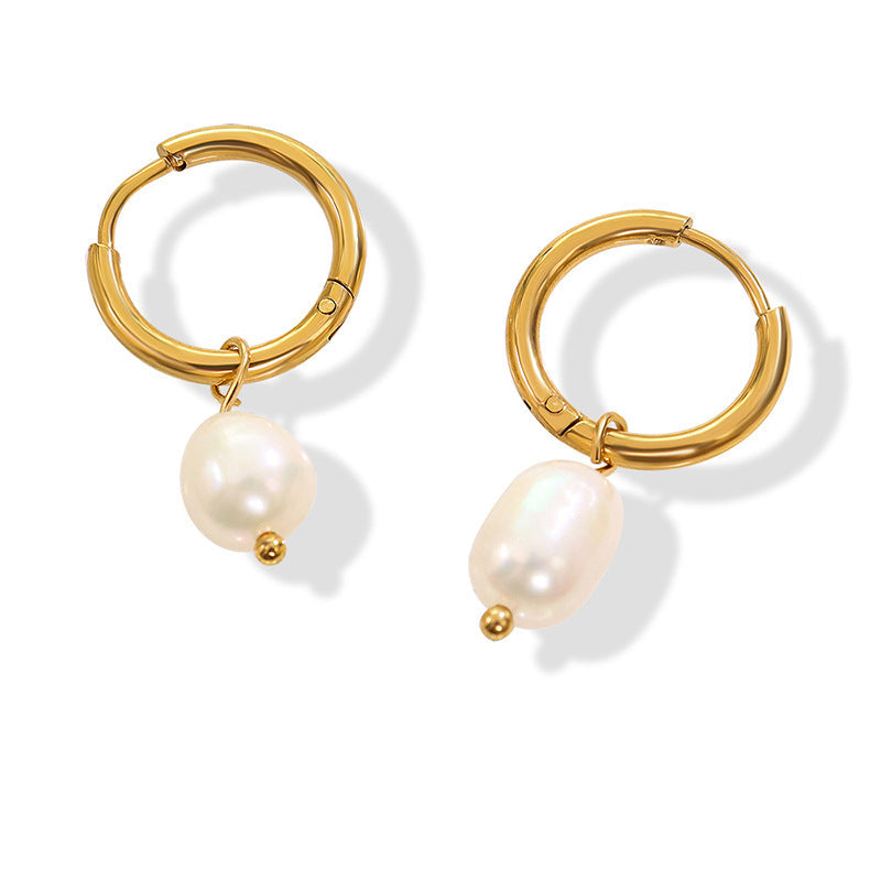 Freshwater Pearl Hoop Earrings – Titanium Steel, Geometric Design