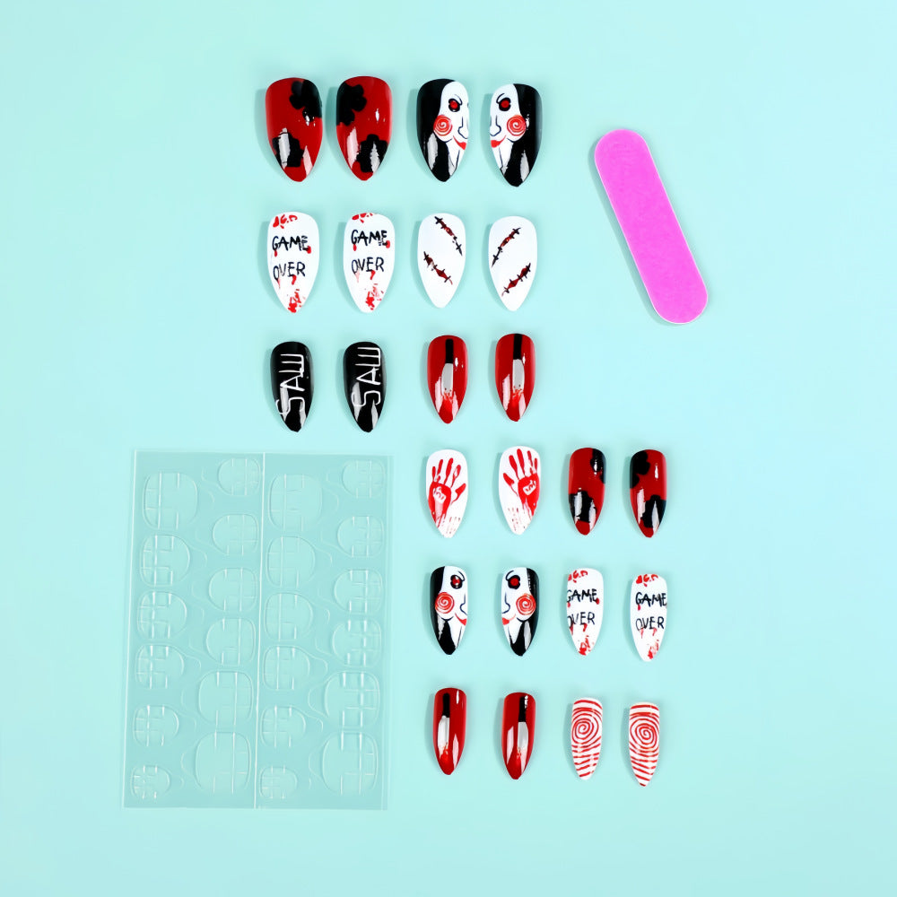 Halloween Stiletto Press-On Nails – Glue-On Nails with Blood Splatter & Character Art