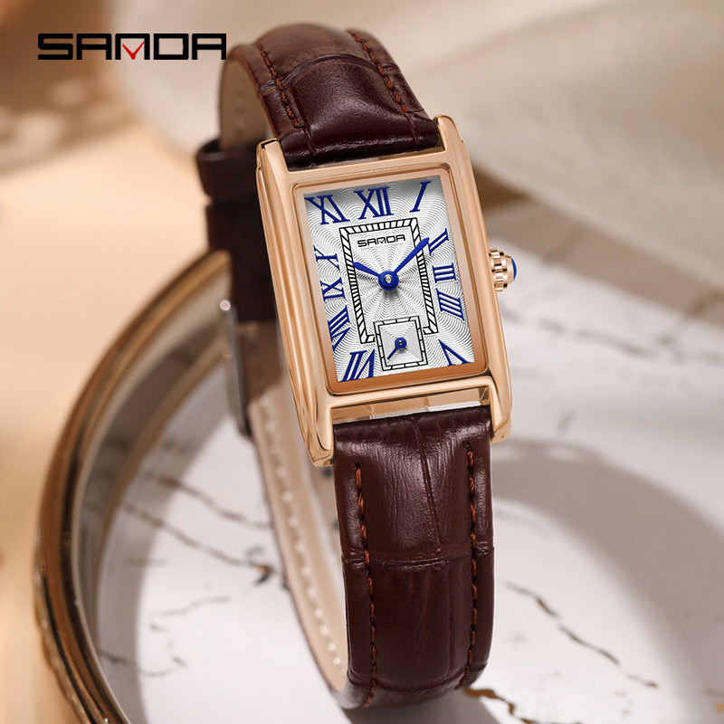 Sanda Women’s Classic Square Quartz Watch – Leather Strap, Semi-Waterproof Watch