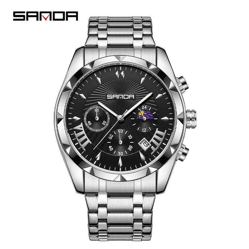 SANDA Men's Stainless Steel Sports Watch – Waterproof Quartz with Three-Eye Design
