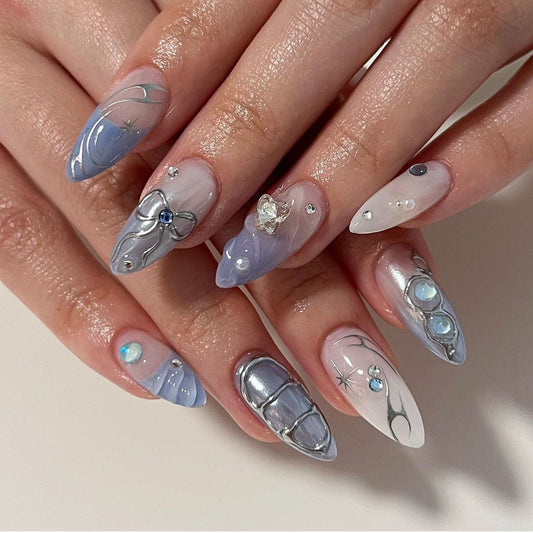 Icy Blue Press-On Nails – Long Almond Chrome with 3D Gems & Star Accents