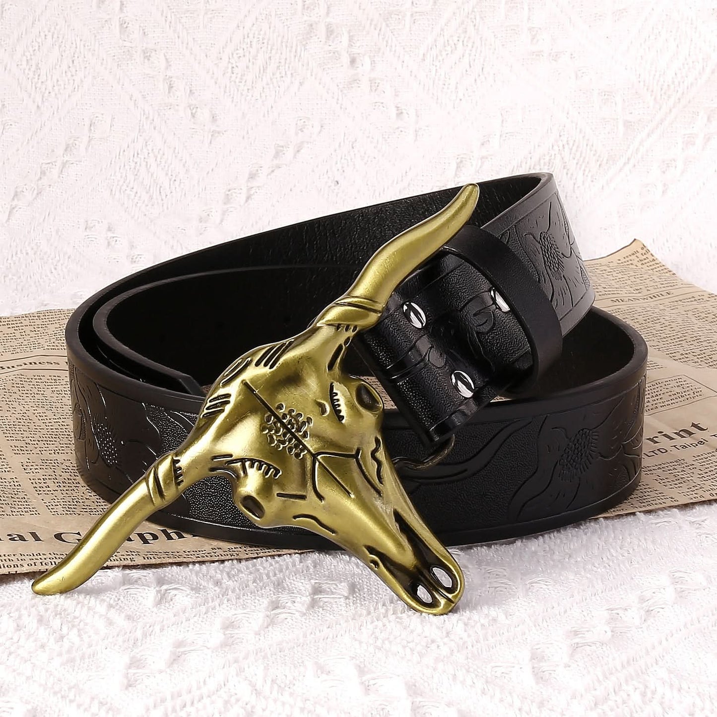 Men’s Leather Belt with Longhorn Skull Buckle