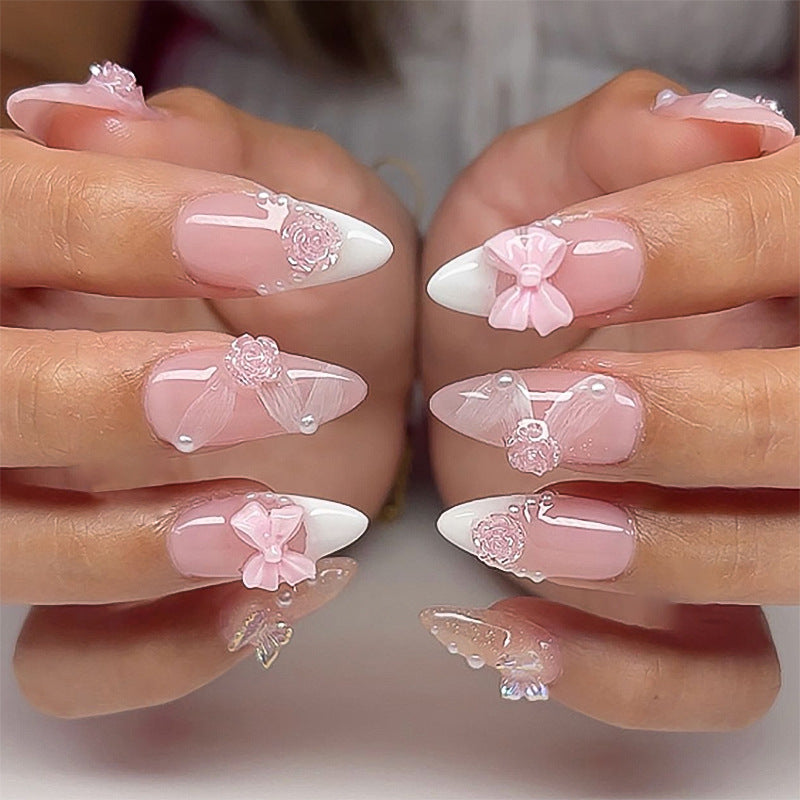 Romantic French Almond Press-On Nails with 3D Bows & Floral Art – Elegant Acrylic Set