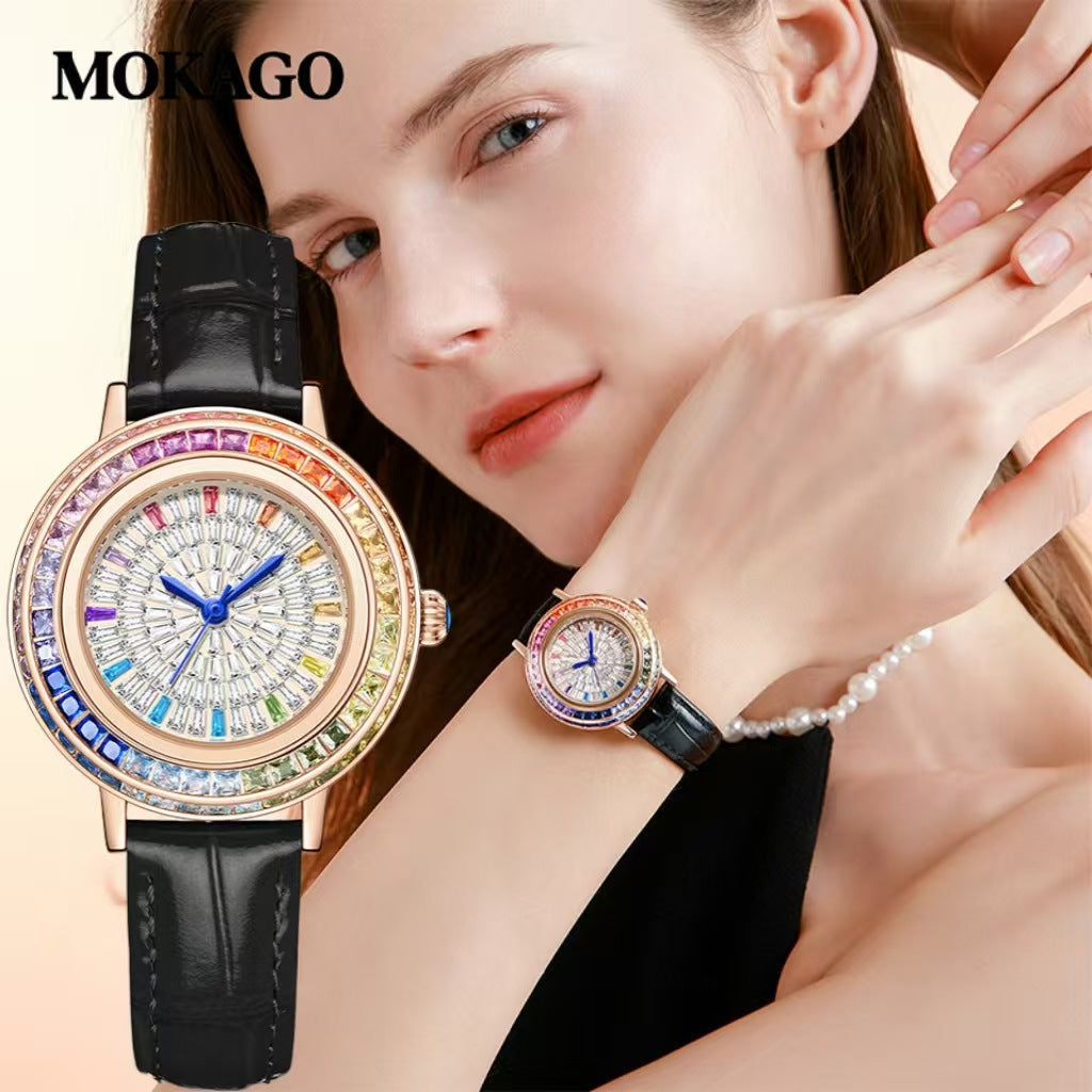 MOKAGO Women’s Quartz Watch with Crystal & Diamond Inlay – Fashion Leather Strap