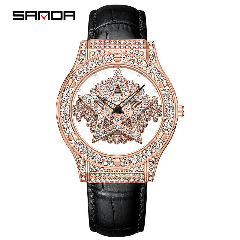 SANDA Women's Star Quartz Watch – Waterproof Leather Strap Casual Ladies Timepiece