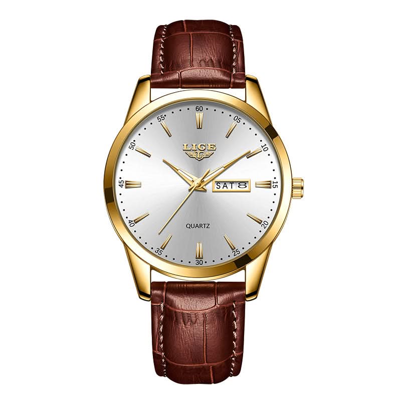 Men’s Business Quartz Watch with Dual Calendar & Luminous Hands – Leather Strap