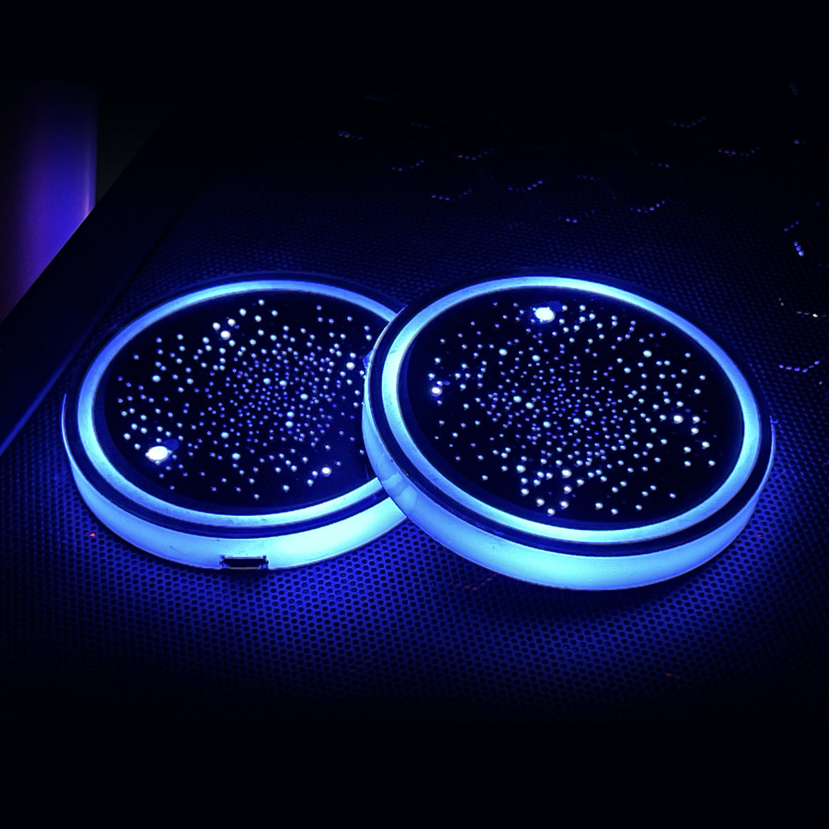 Colorful LED Car Cup Holder Light – 68MM Acrylic Coaster with Changeable Starry Pattern (pack of 2)
