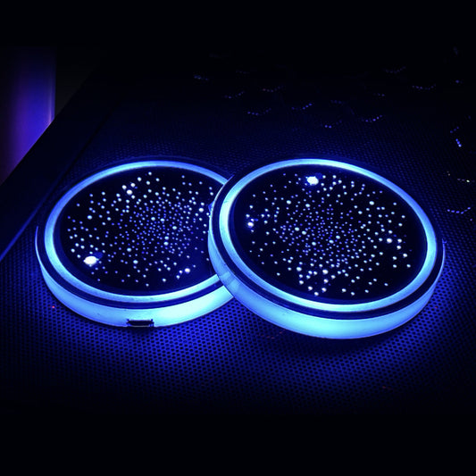 Colorful LED Car Cup Holder Light – 68MM Acrylic Coaster with Changeable Starry Pattern (pack of 2)