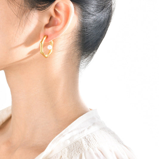 Elegant Gold Hexagon Hoop Earrings with Pearl Accent – Stainless Steel Jewelry