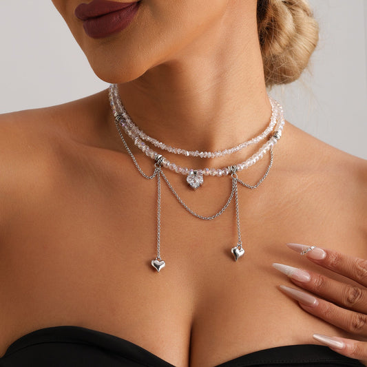 Elegant Double Chain Heart Pendant Necklace – Crystal Clavicle Chain for Women