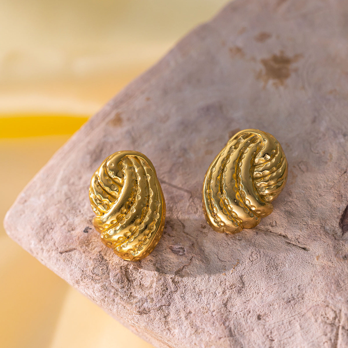 Golden Pearl Titanium Steel Earrings – Textured Stud & Drop Design (Combo of 4)