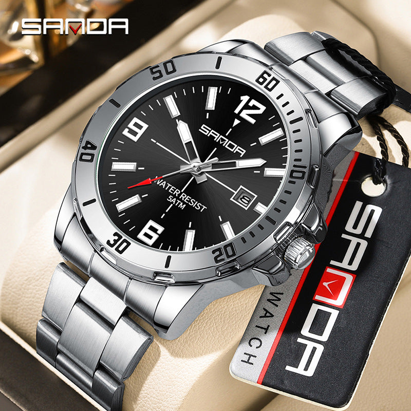 SANDA Men’s Large Dial Quartz Watch – Luminous Stainless Steel Wristwatch with Calendar
