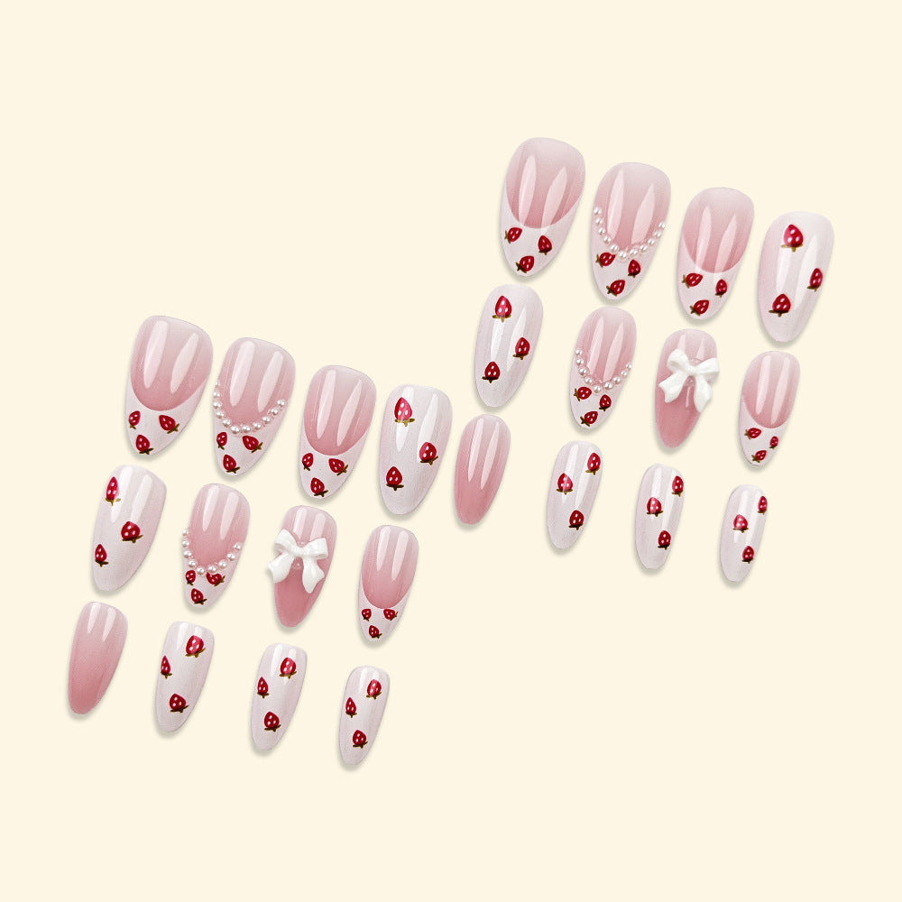 Strawberry French Tip Press-On Nails – Medium Acrylic Tips with Bow and Diamond Accents