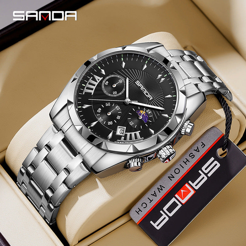 SANDA Men's Stainless Steel Sports Watch – Waterproof Quartz with Three-Eye Design