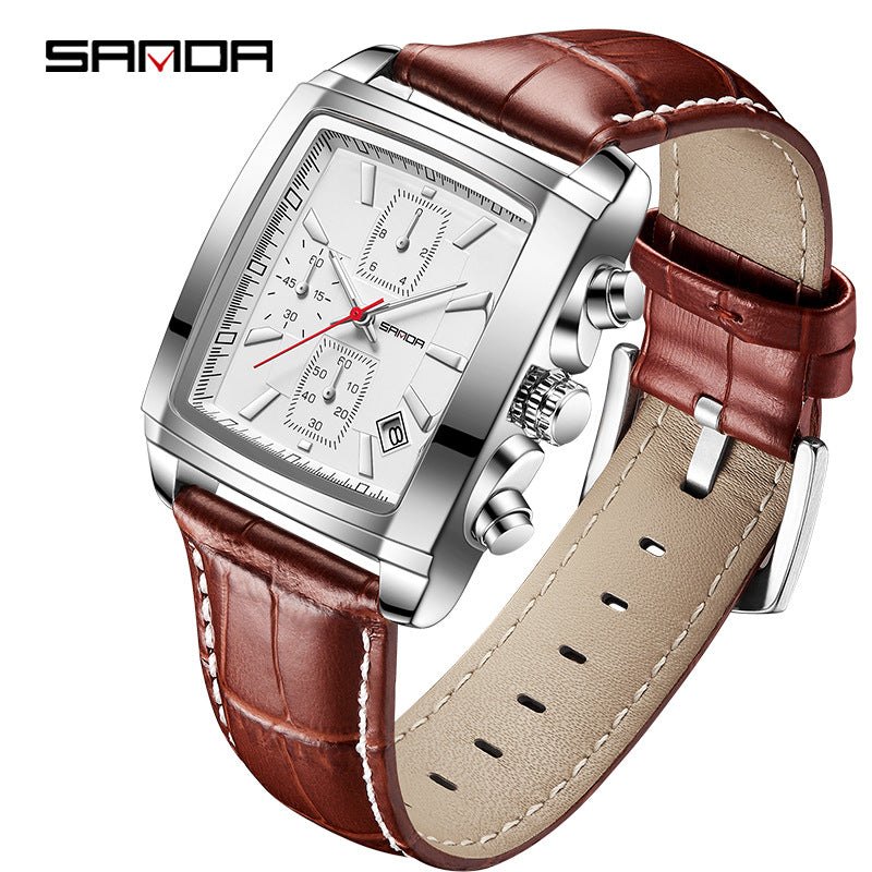 SANDA Men’s Quartz Square Watch – Leather Strap Business Watch with Calendar, Waterproof