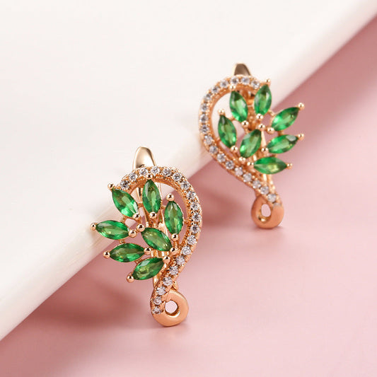 Green Zircon Leaf Earrings – Geometric Copper Jewelry for Women