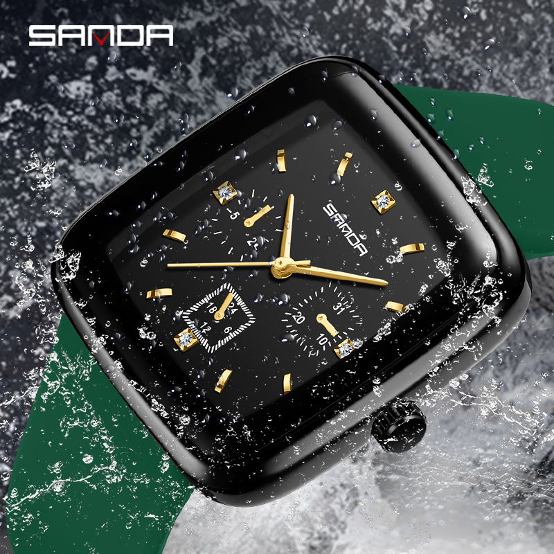 SANDA Unisex Square Quartz Watch – Silicone Strap Casual Watch with 50M Waterproof
