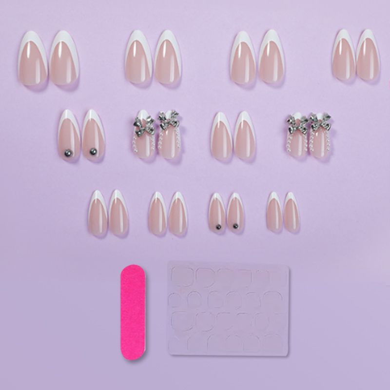 French Tip Press-On Nails – Long Nude Acrylic False Nails with Bow & Rhinestones