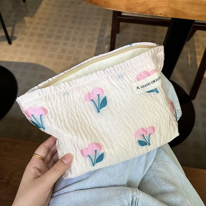 Fresh Tulip Canvas Makeup Bag – Large-Capacity Travel Cosmetic Pouch