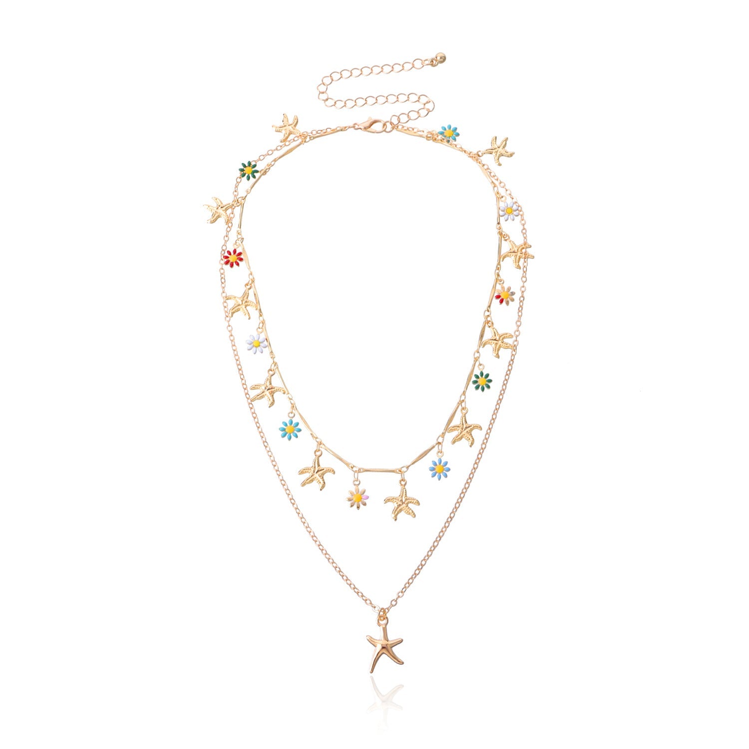 Hawaiian Starfish Flower Necklace for Women – Gold Drip Glaze Pendant Layered Jewelry