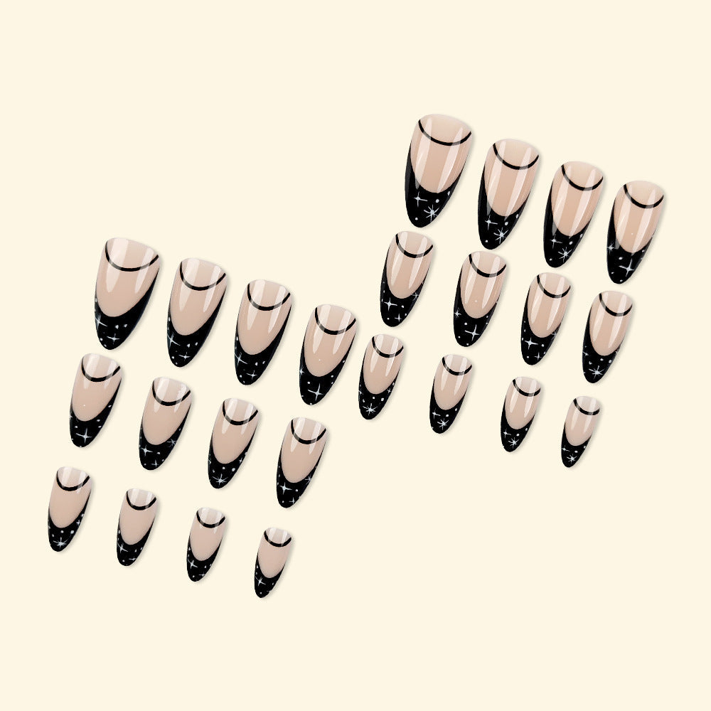 Black French Star Press-On Nails – Long Stiletto Gel Tips with Half-Moon Design
