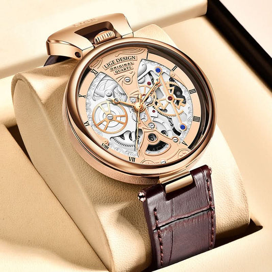 Men’s Hollow Dial Quartz Watch – Trendy Waterproof Leather Strap Timepiece