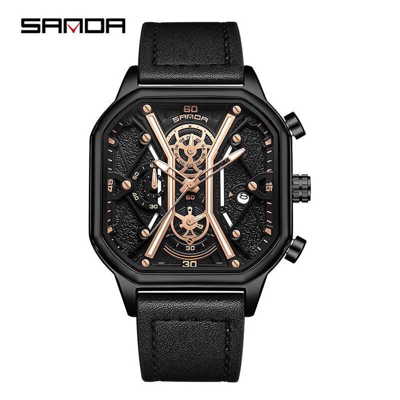 SANDA Men's Retro Square Quartz Watch – Waterproof Luminous Calendar Leather Strap