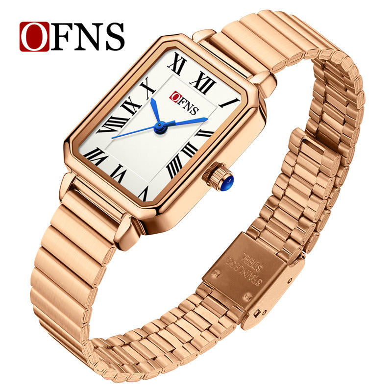 OFNS Women’s Quartz Watch – Retro Rectangular Dial, Stainless Steel Strap Casual Wristwatch