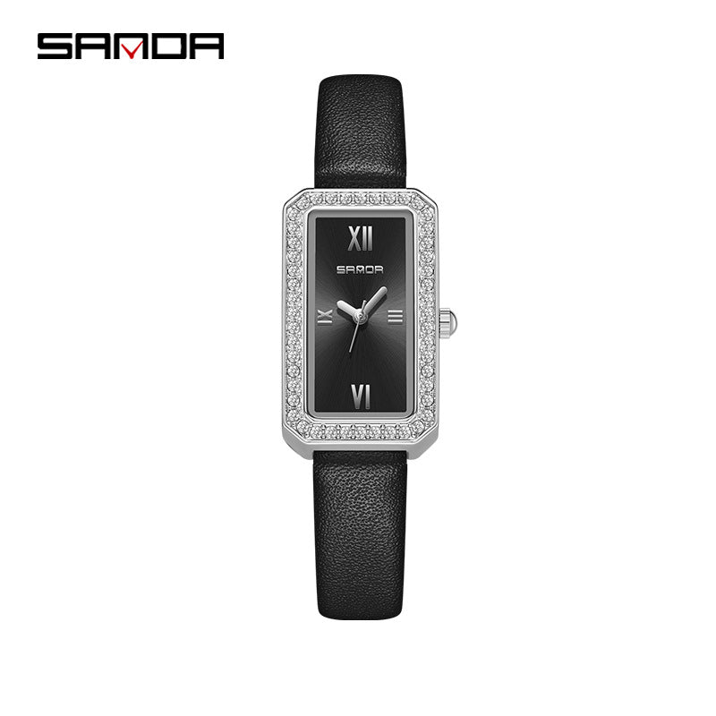 SANDA Women's Quartz Watch – Diamond-Accented Leather Strap, Casual Timepiece