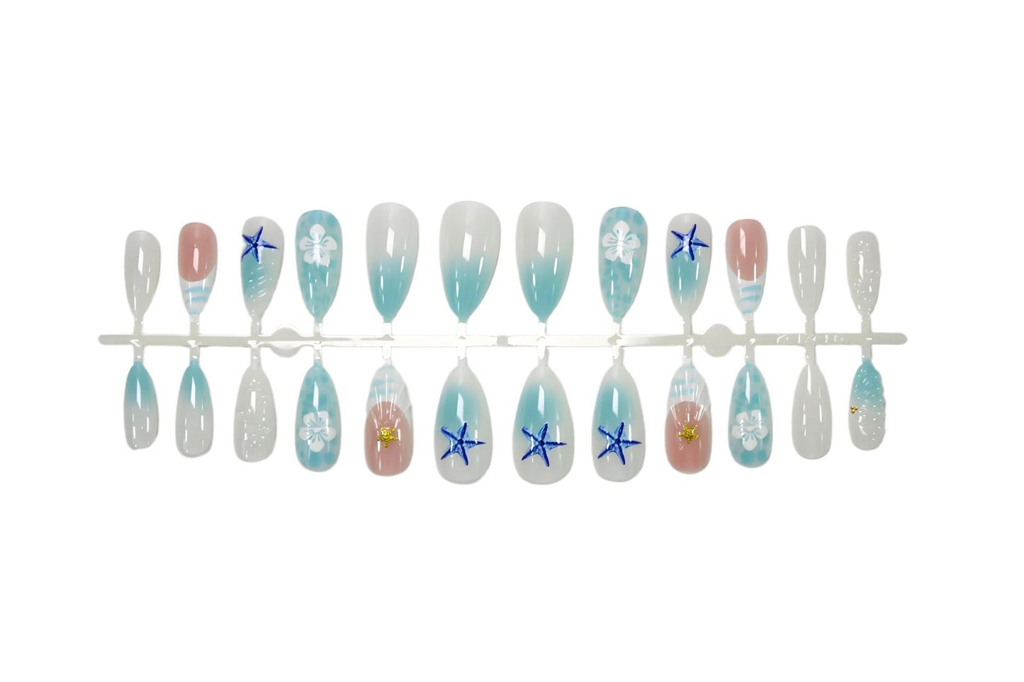 Blue Starfish Almond Press-On Nails – 3D Beachy Gradient Summer Nail Art